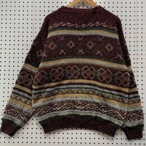 VTG Prima Magalia 3D Knit Holiday Sweater Mens Wool Blend Burgundy HTF!